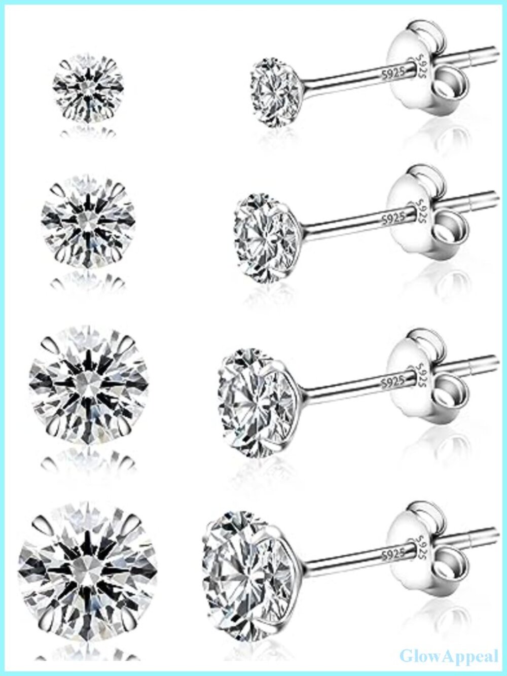 4 Pairs 925 Sterling Silver Stud Earrings for Women, 5A CZ Earring Set 3,4,5,6mm